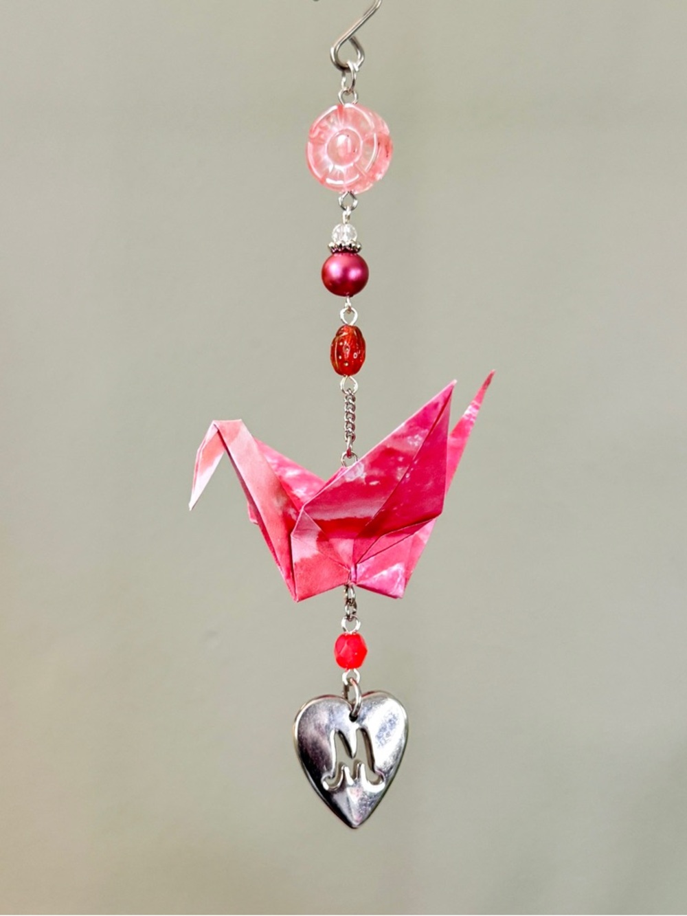 Origami Ornament #2436 - Medium Crane with Heart Charm with Letter M